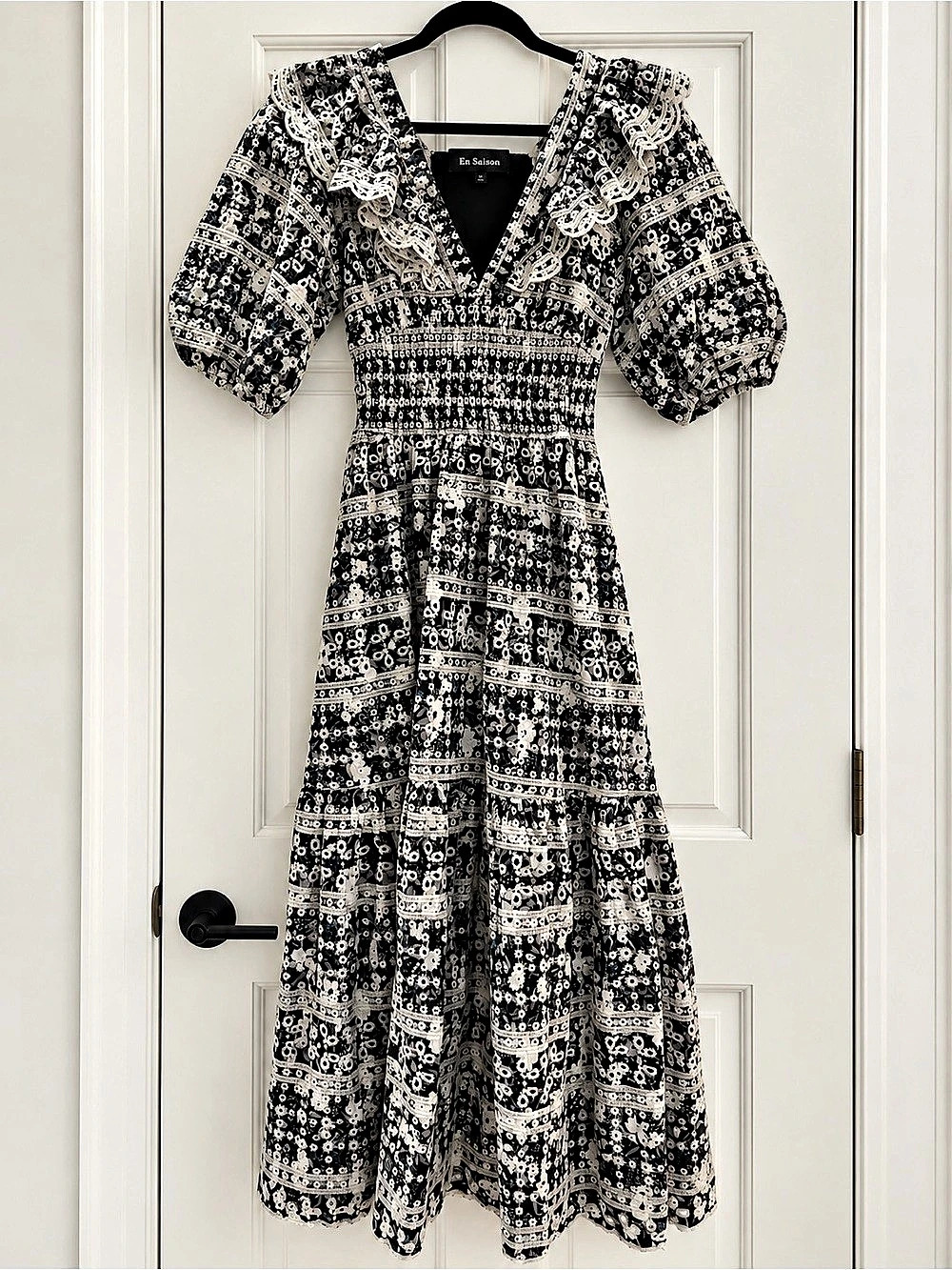 En Saison Black White Embroidered Puff Sleeve Midi Dress XS